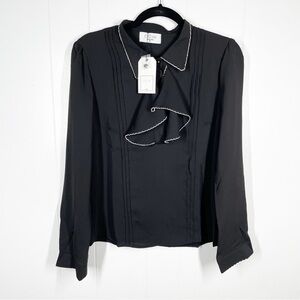NEW Cistar Black Contrast Scalloped Edge Ruffle Long Sleeve Blouse Medium